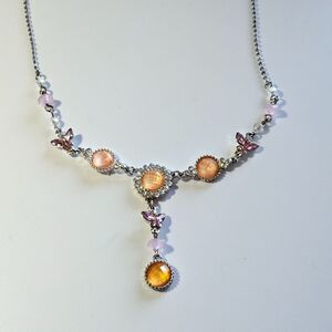 *Sale* Avon Silver Tone Peach and Pink Rhinestone Y Style Necklace 18"